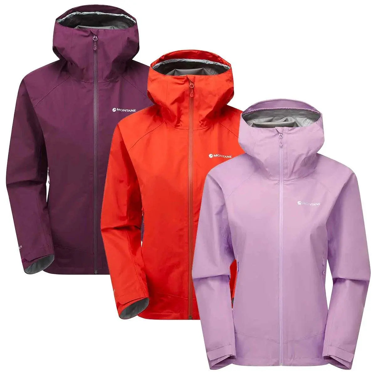 Montane Womens Spirit Waterproof Jacket in three colors: purple, red, and lilac. Lightweight and durable raincoat for weather protection.