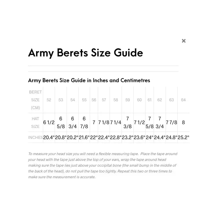Army Berets Size Guide chart in inches and centimeters for accurate sizing of Parachute Regiment Maroon Beret Silk Lined by John Bulls.