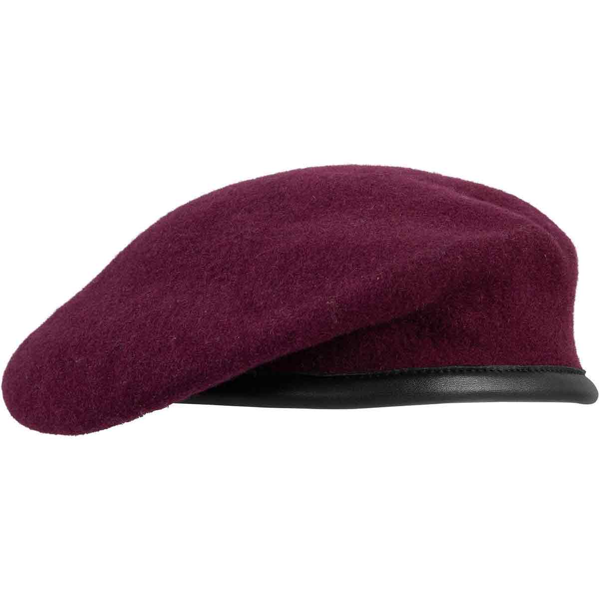 Parachute Regiment Maroon Beret Silk Lined by John Bulls in 100% wool with soft black leather band, side view for military uniform use.