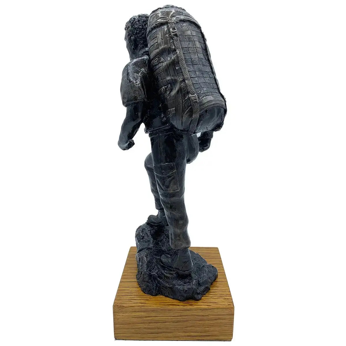 Rear view of PTI Instructor with Bergen Bronze Resin Statue, highlighting intricate backpack design and textured uniform craftsmanship.