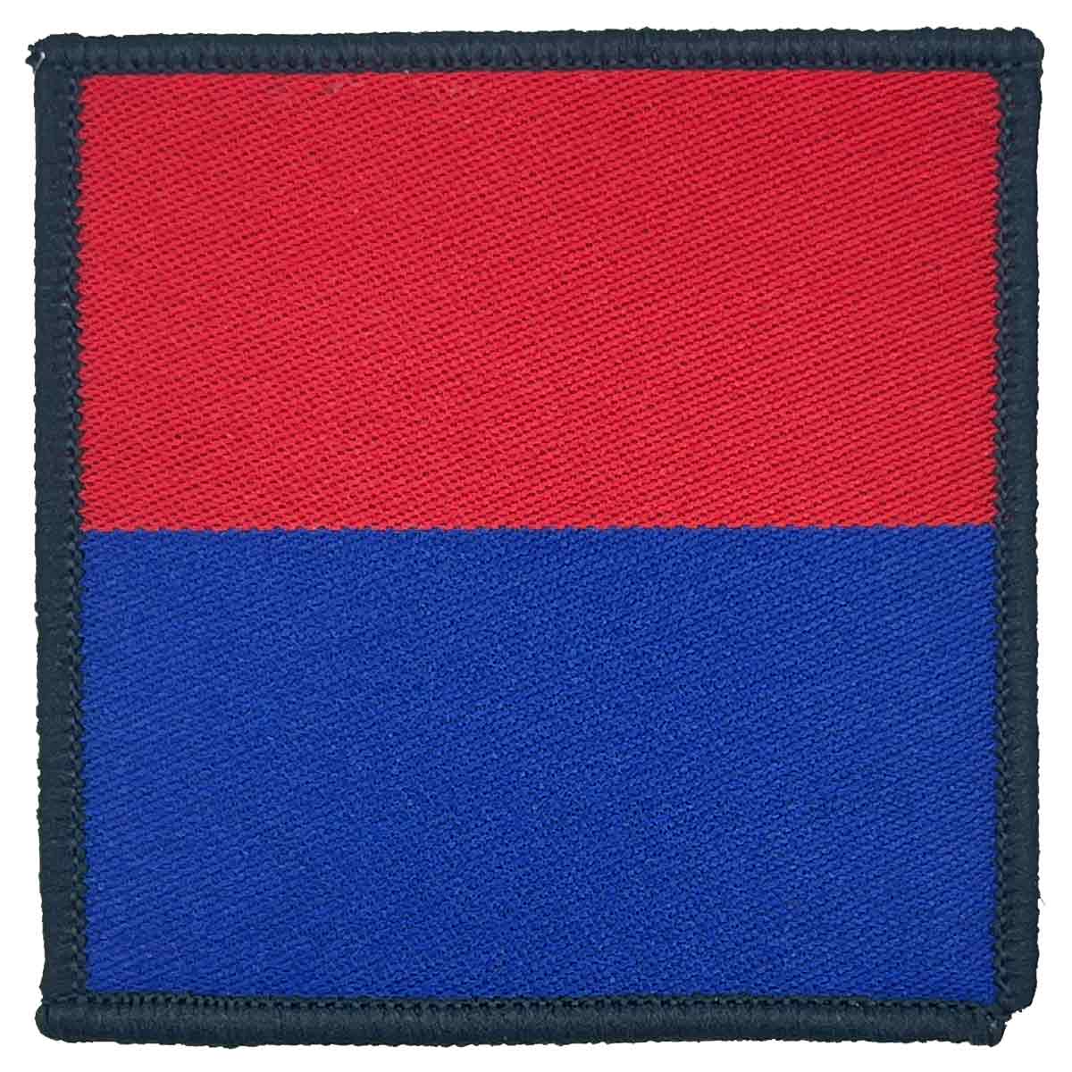 Single Royal Artillery Flash Iron or Sewn On patch in red and blue, 6x6cm cotton TRF for military uniforms, available at John Bull Clothing.