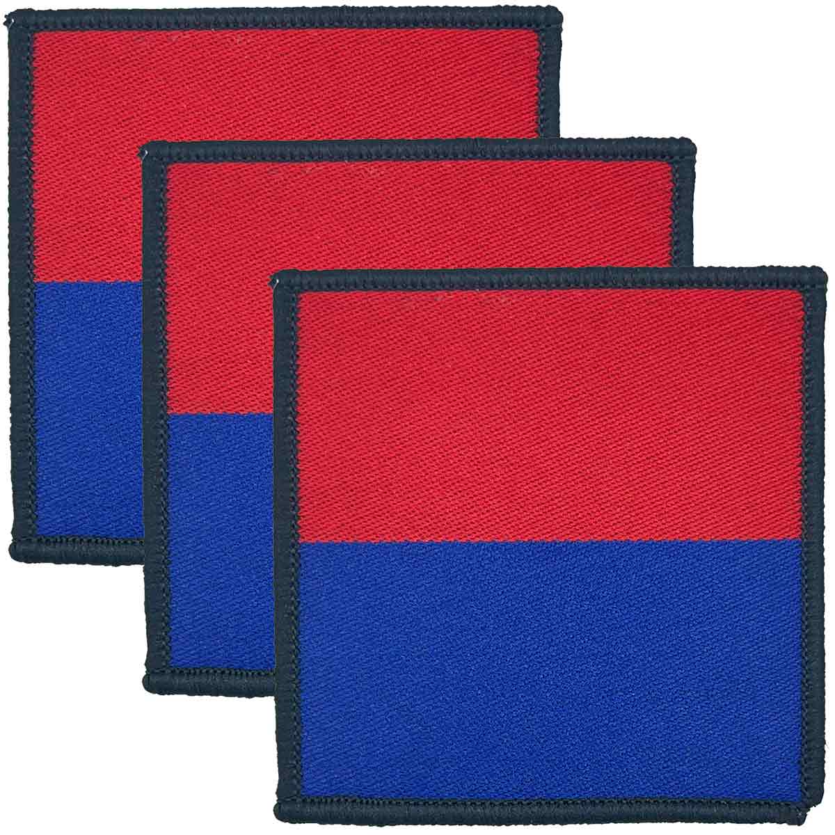 Set of three Royal Artillery Flash Iron or Sewn On TRFs in red and blue cotton, regulation pattern for military uniforms at John Bull Clothing.