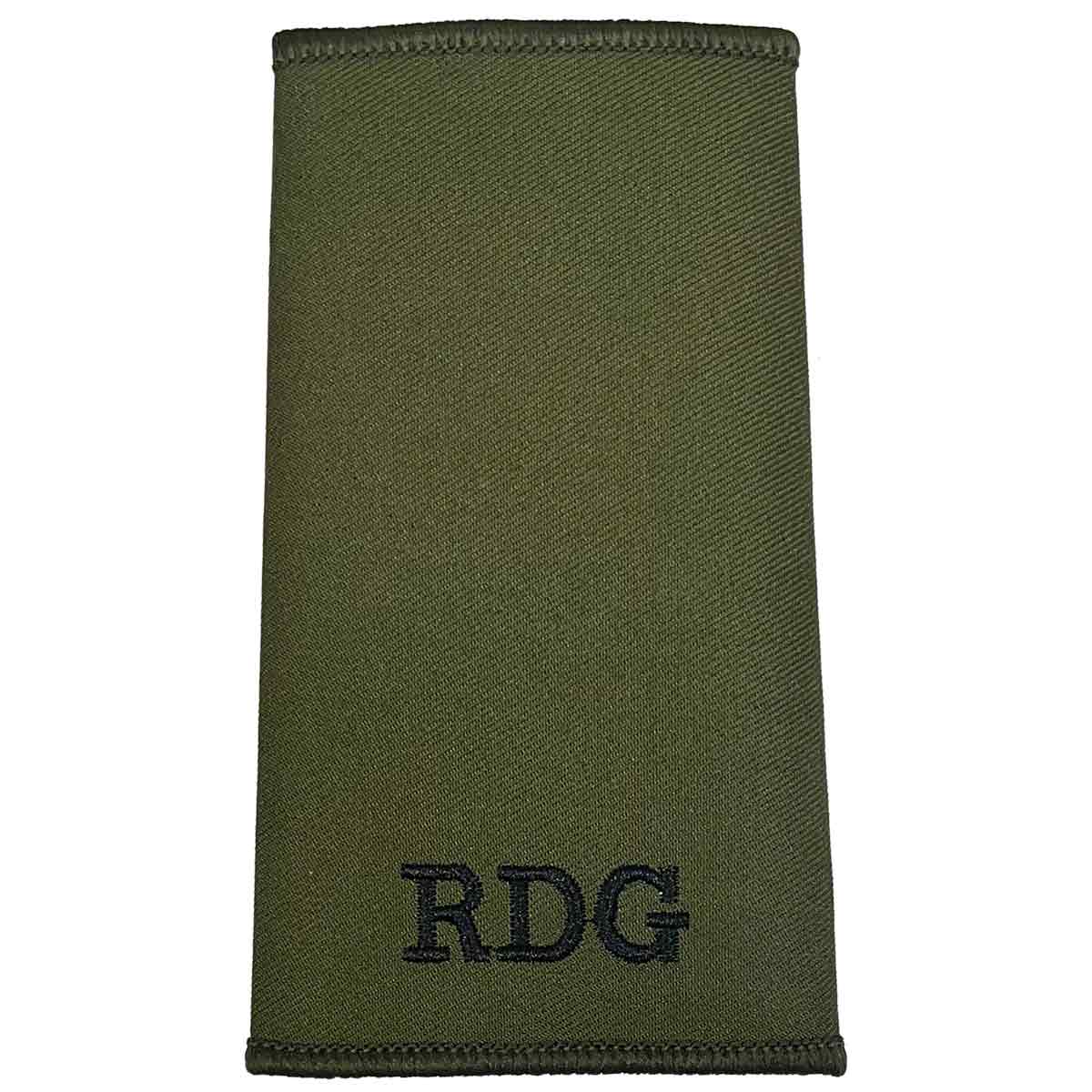 Plain Royal Dragoon Guards Green Rank Slide with RDG embroidery in black on regulation olive green backing, ideal for military uniform use