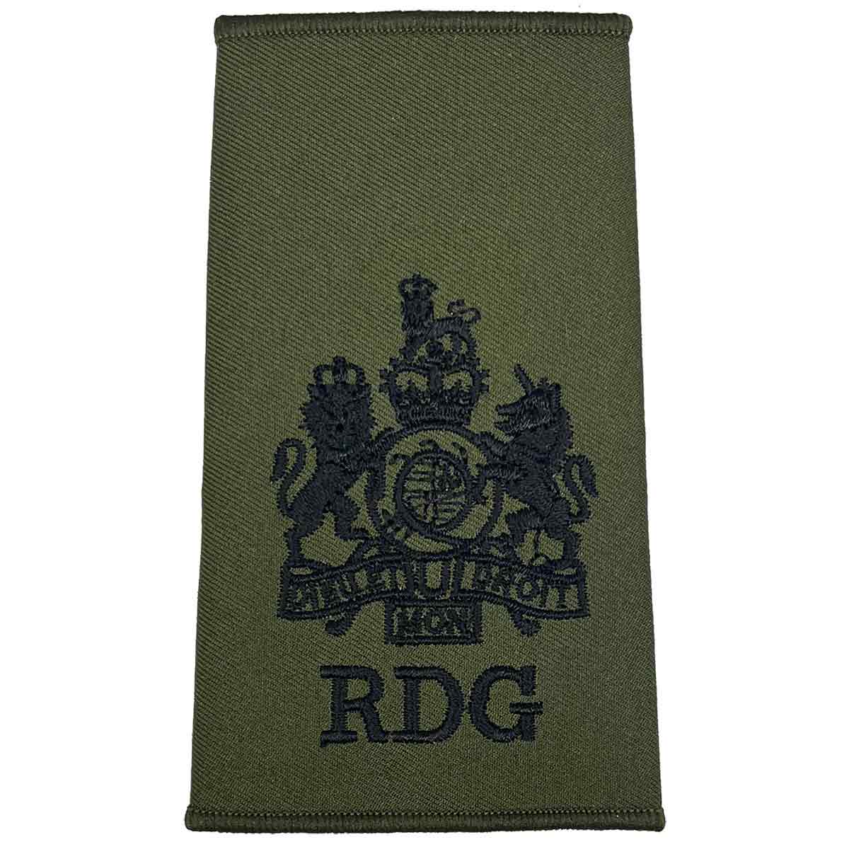 Royal Dragoon Guards Green Rank Slide with detailed black embroidered crest and RDG text, suitable for officer military uniforms