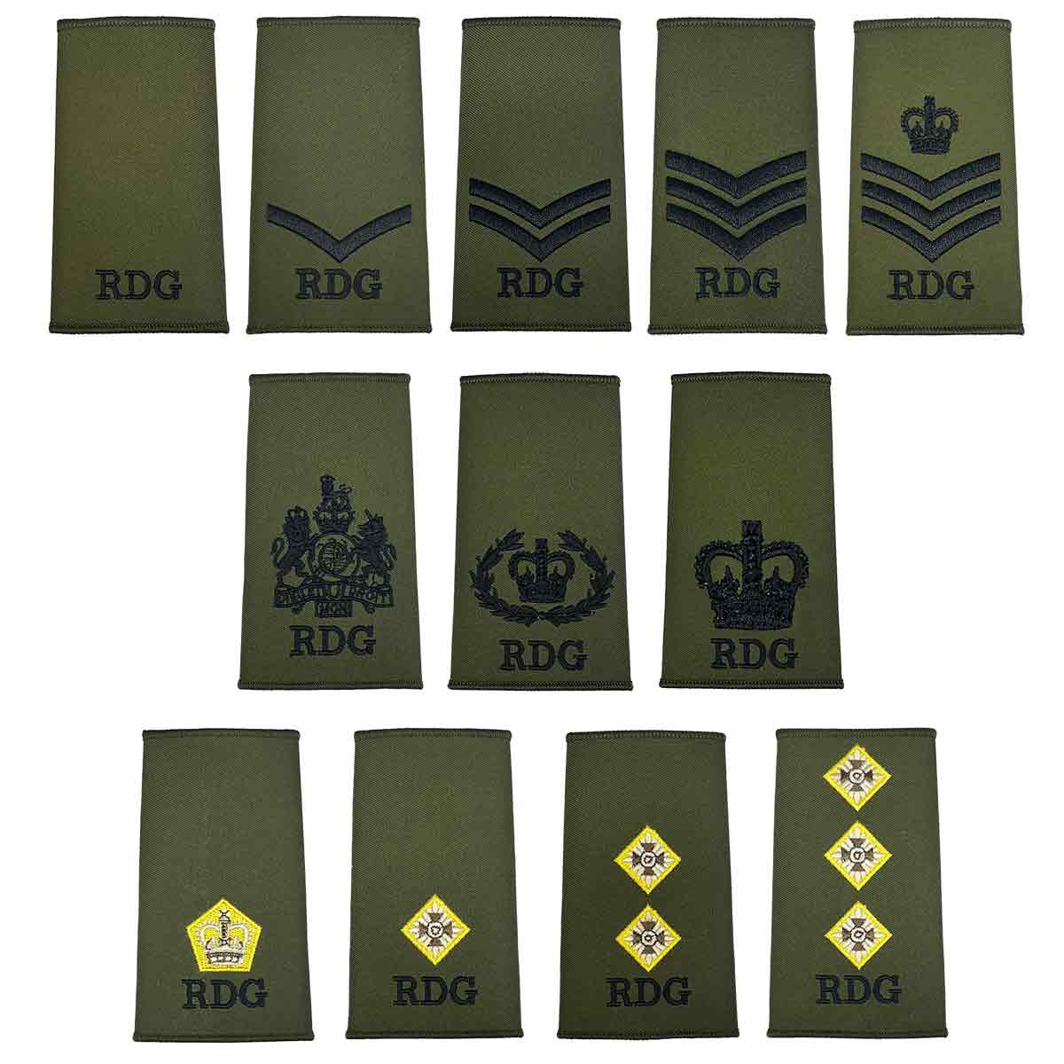 Royal Dragoon Guards Green Rank Slides (Pair) | John Bulls featuring various embroidered insignia on olive green Cordura fabric for military uniforms