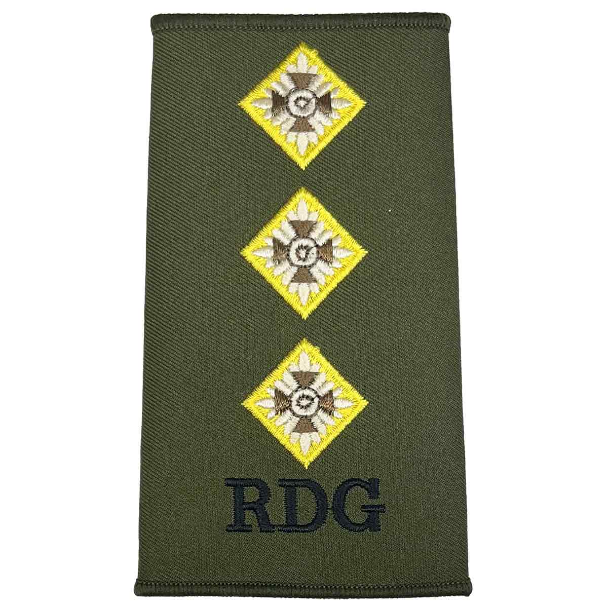 Royal Dragoon Guards Green Rank Slide with three yellow star insignias and RDG embroidery, ideal for officer military apparel