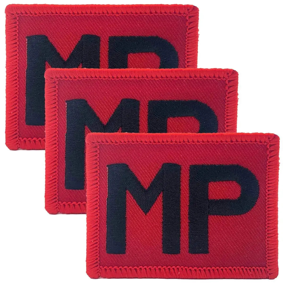 Royal Military Police TRF iron or sew on patch in red with black MP letters, regulation pattern for military uniforms.