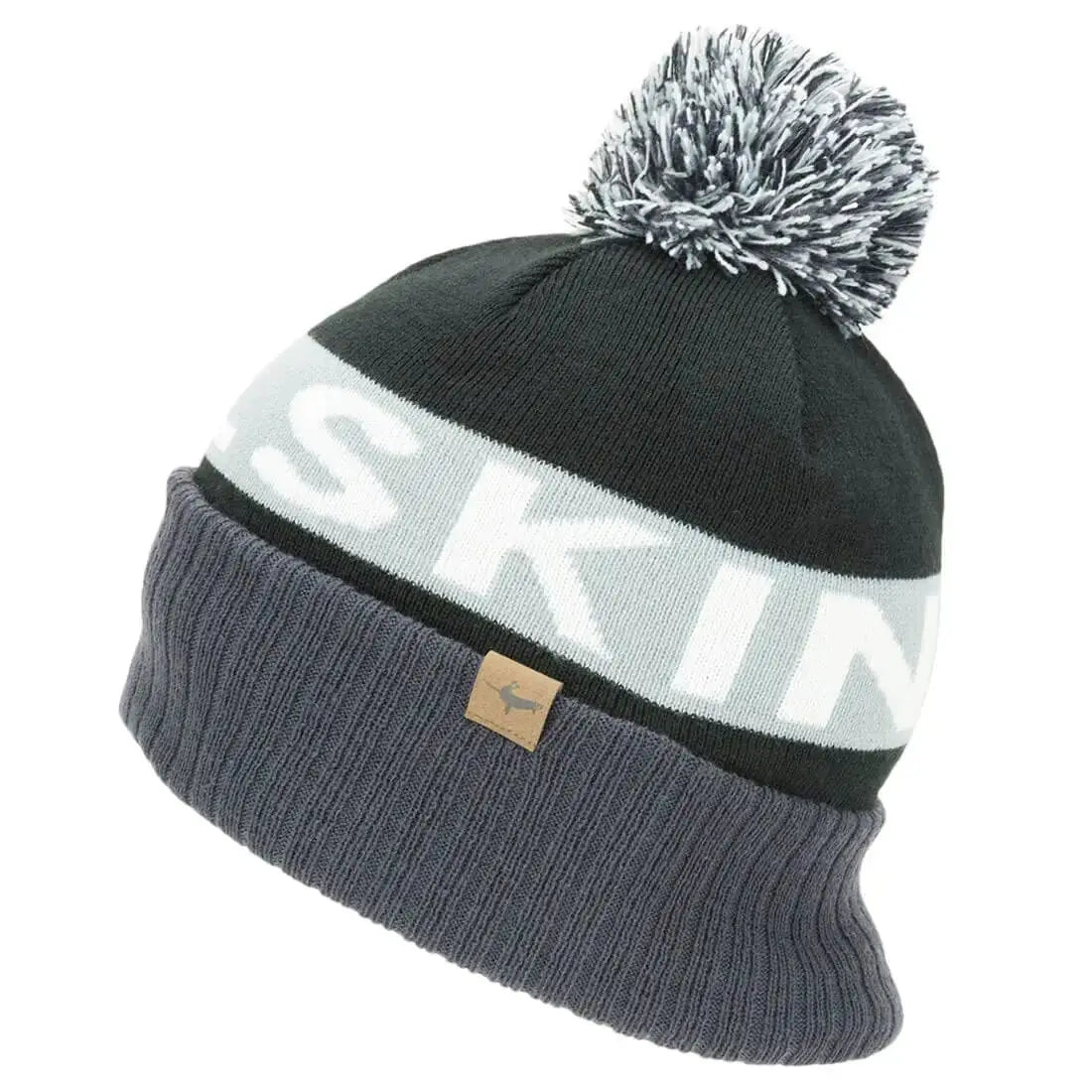 Sealskinz Foulden Water Repellent Cold Weather Bobble Beanie in black and gray, designed for warmth and protection against cold and damp conditions.