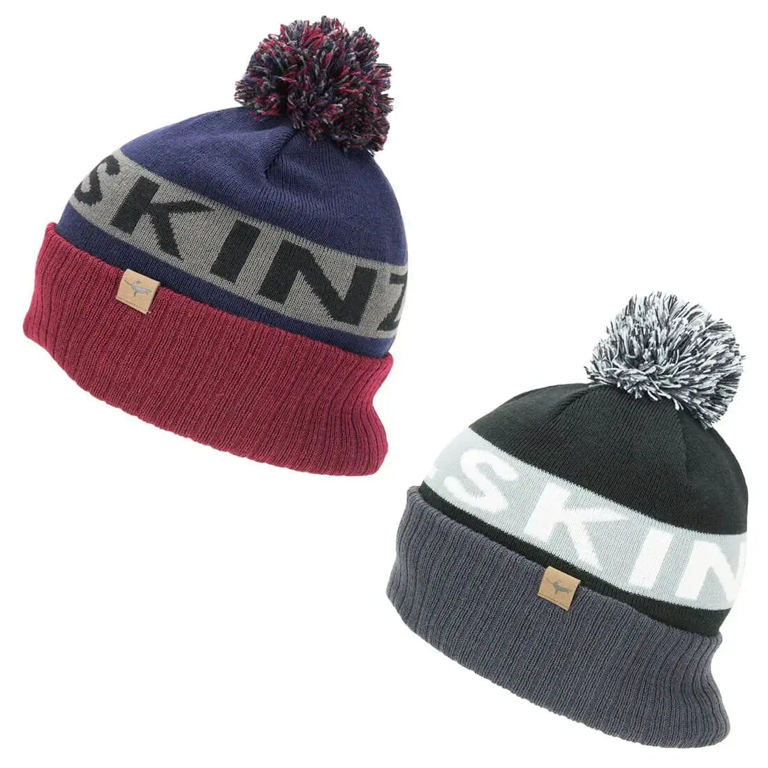 Sealskinz Foulden Water Repellent Cold Weather Bobble Beanie in two color variations, featuring a warm knit design with a pom-pom and water-resistant fabric.