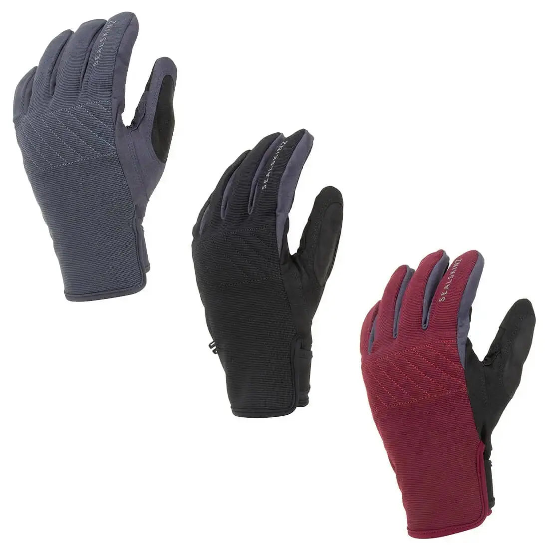 Sealskinz Waterproof All Weather Gloves with Fusion Control in black, grey, and red. 100% waterproof and breathable for all-weather protection.