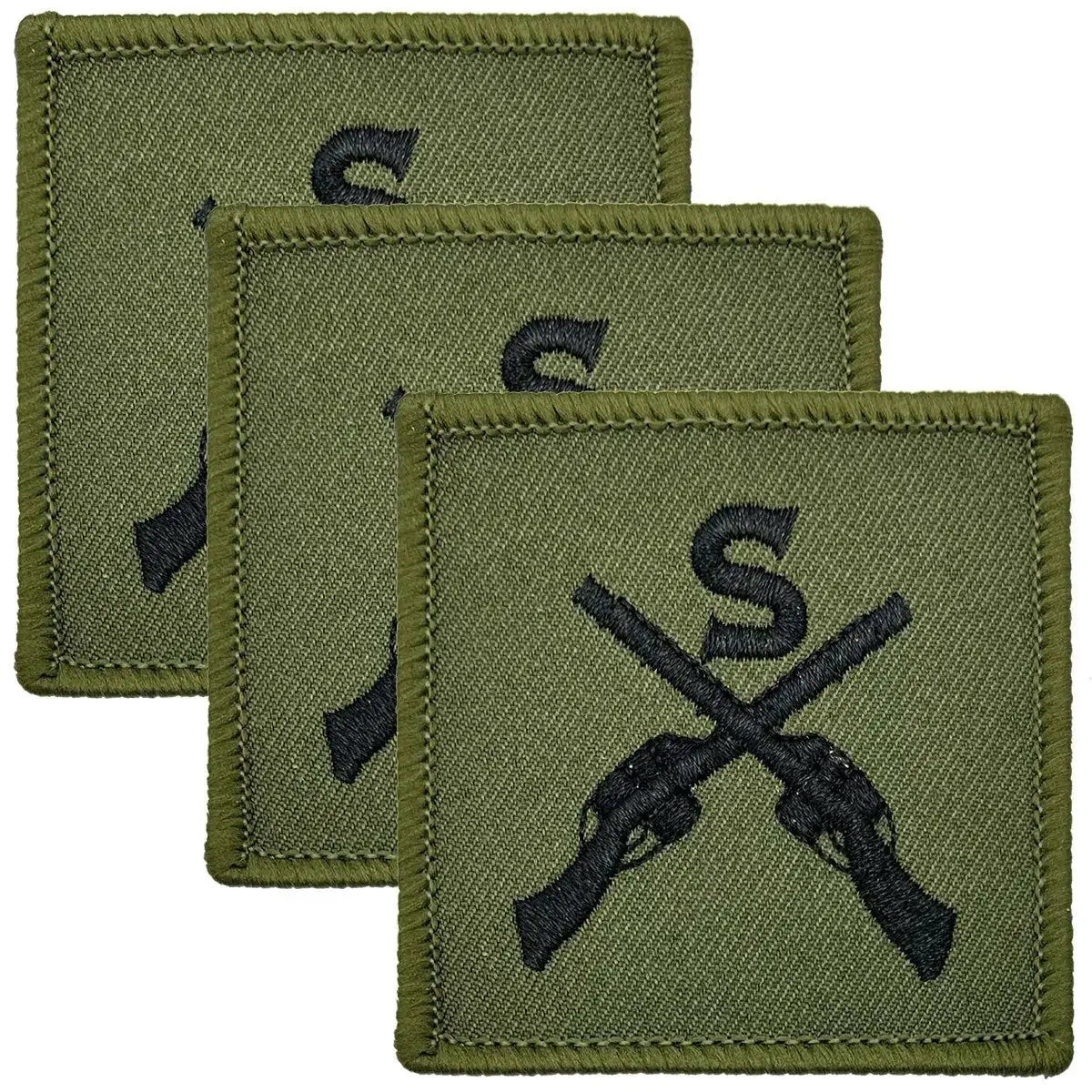 Sniper Trade TRF - Iron On Patch | John Bull Clothing featuring green cotton square patches with black crossed rifles and 'S' insignia, ideal for military uniforms.