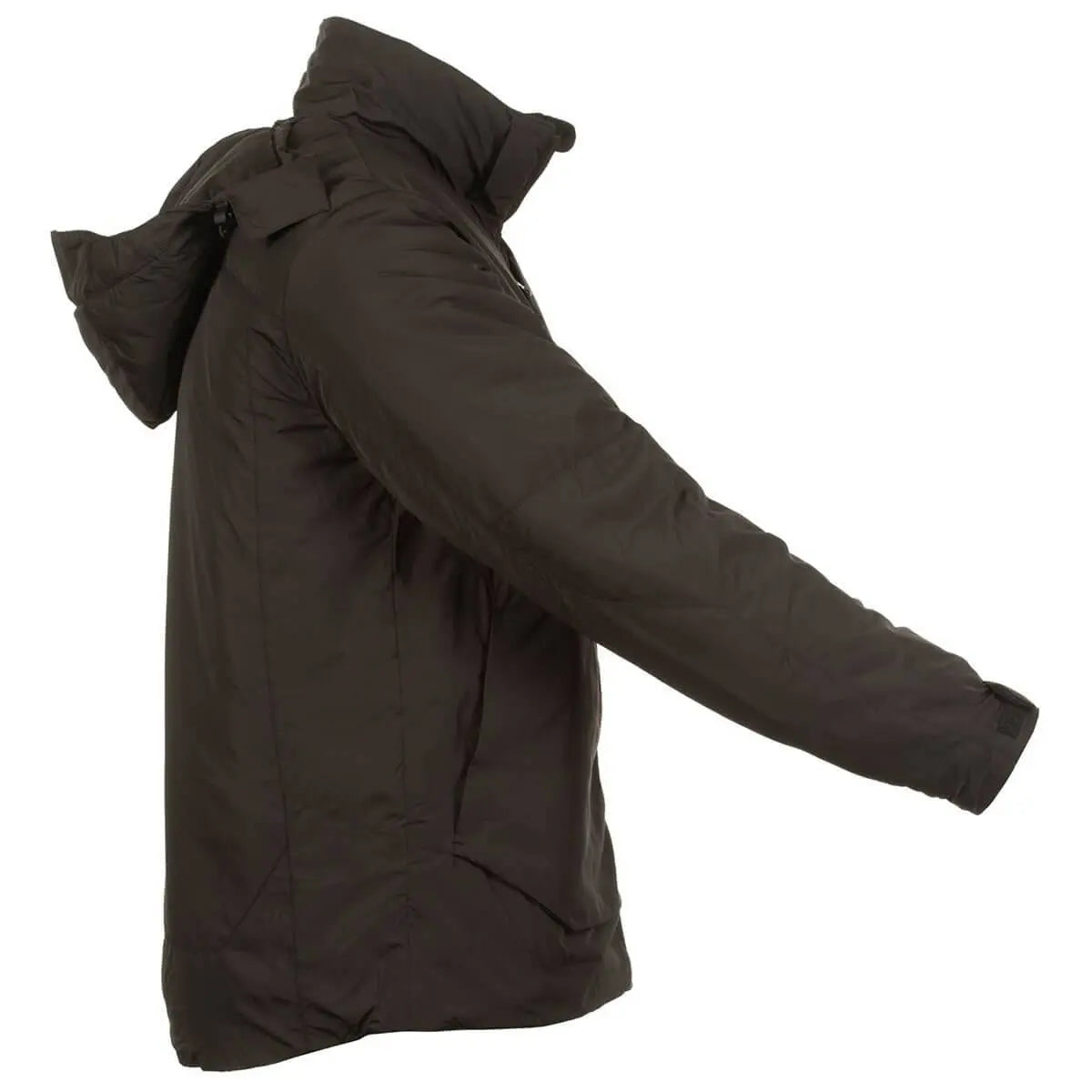 Left side profile of Snugpak Arrowhead Insulated Jacket Black with articulated sleeves. Built for mobility and warmth in outdoor activities.