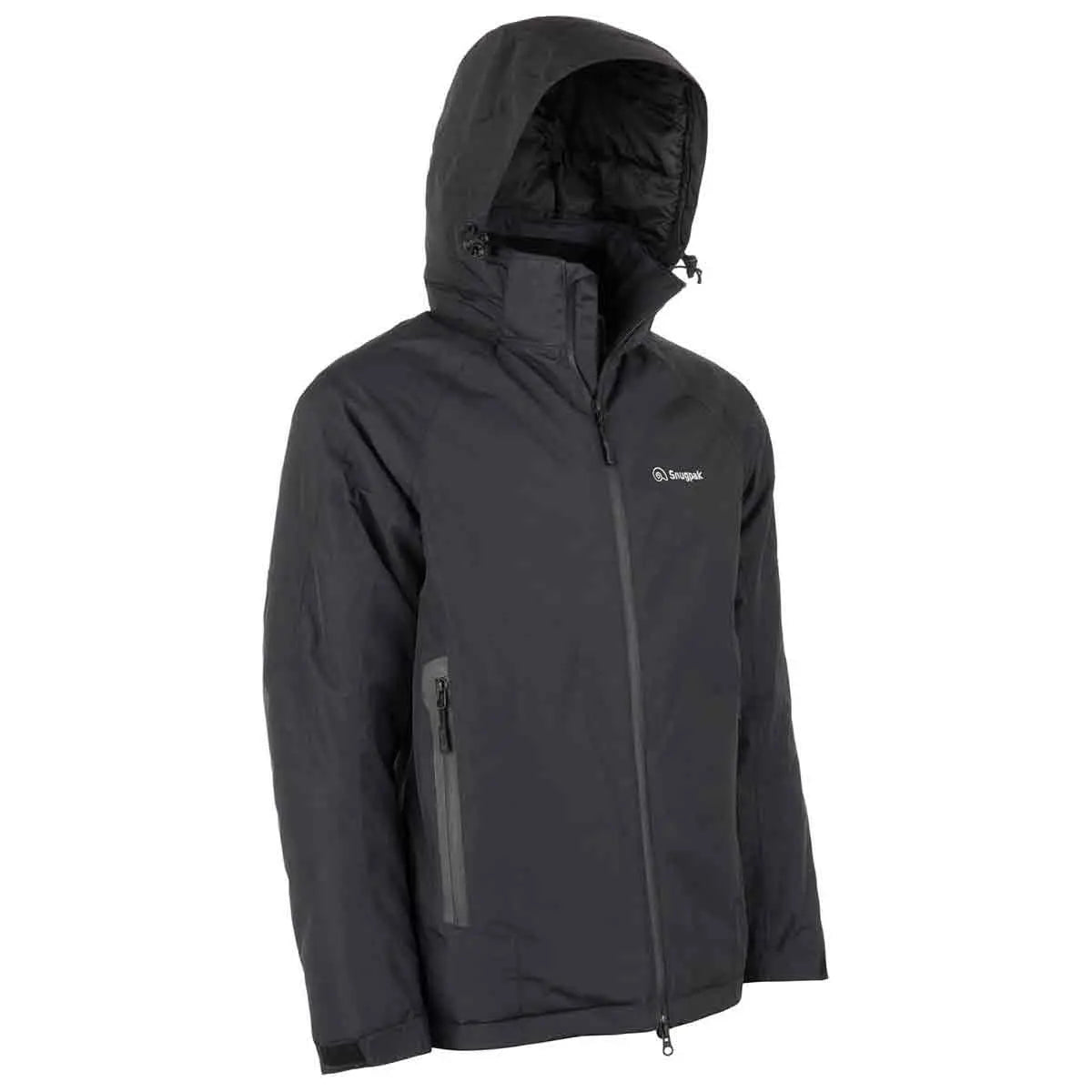 Snugpak Torrent Waterproof Black Jacket with hood, front zip, and chest logo, ideal for outdoor wear in harsh weather conditions.